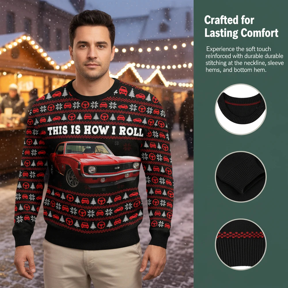 Custom Photo Upload Sweater This Is How I Roll Red Muscle Car close-up detail