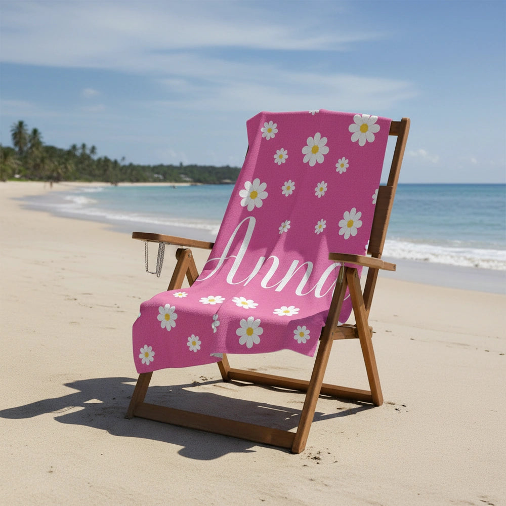 Custom Personalized Beach Towel with White Daisies on Pink close-up detail