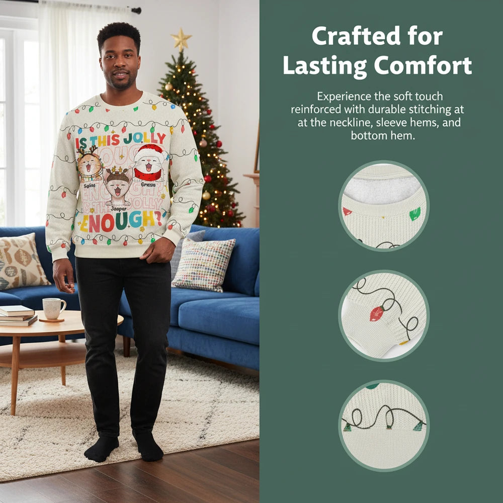 Custom Personalized Is This Jolly Enough Christmas Cat Sweater close-up detail