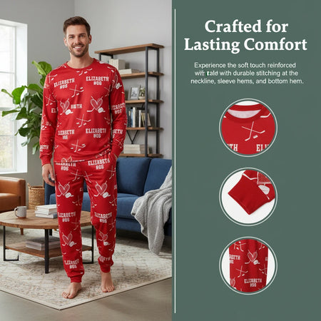 Custom Personalized Pajamas with Hockey Sticks and Hearts close-up detail