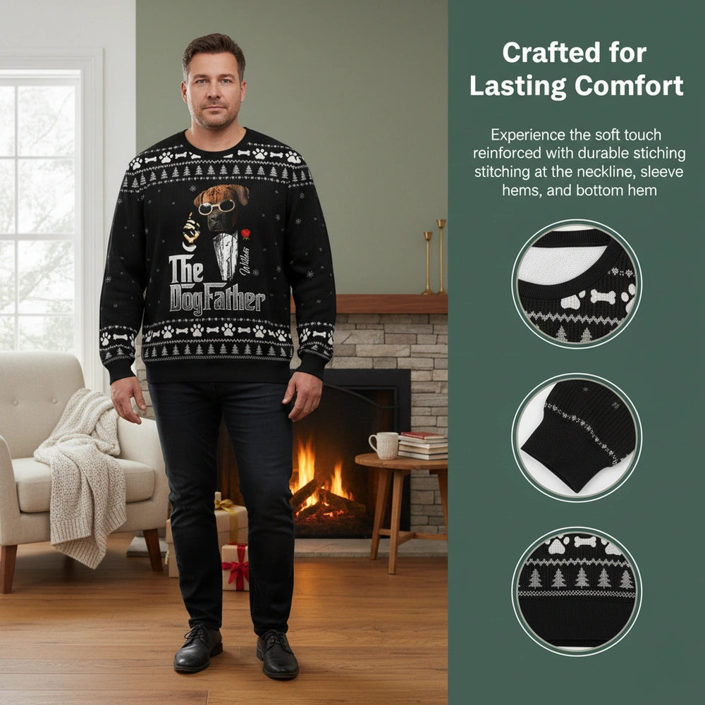 Custom Photo Upload The Dogfather Sweater with Paw Prints close-up detail