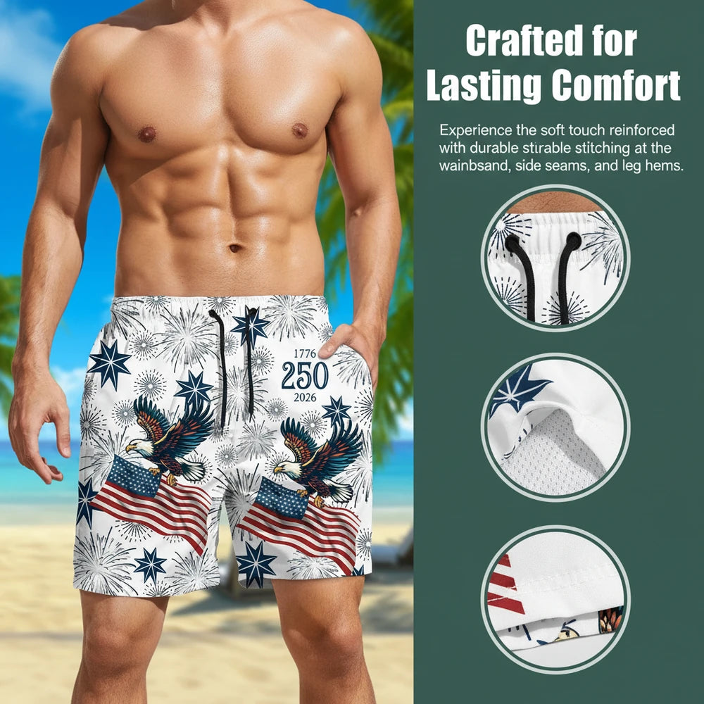 Custom Personalized Beach Shorts with Eagle Fireworks & American Flag close-up detail