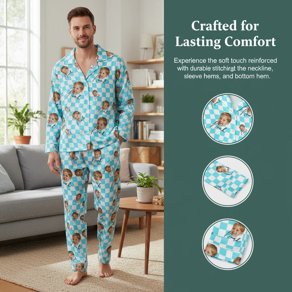 Custom Photo Upload Pajamas with Turquoise Checkered Pattern close-up detail