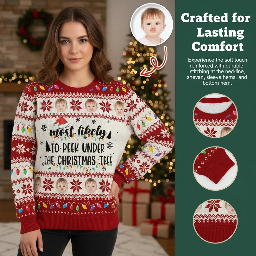 Custom Photo Upload Most Likely to Peek Under the Christmas Tree Sweater close-up detail