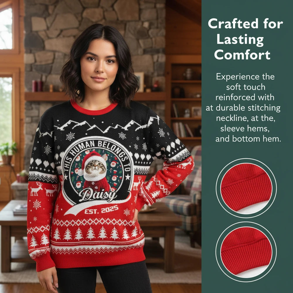 Custom Photo Upload This Human Belongs To Sweater with Reindeer close-up detail