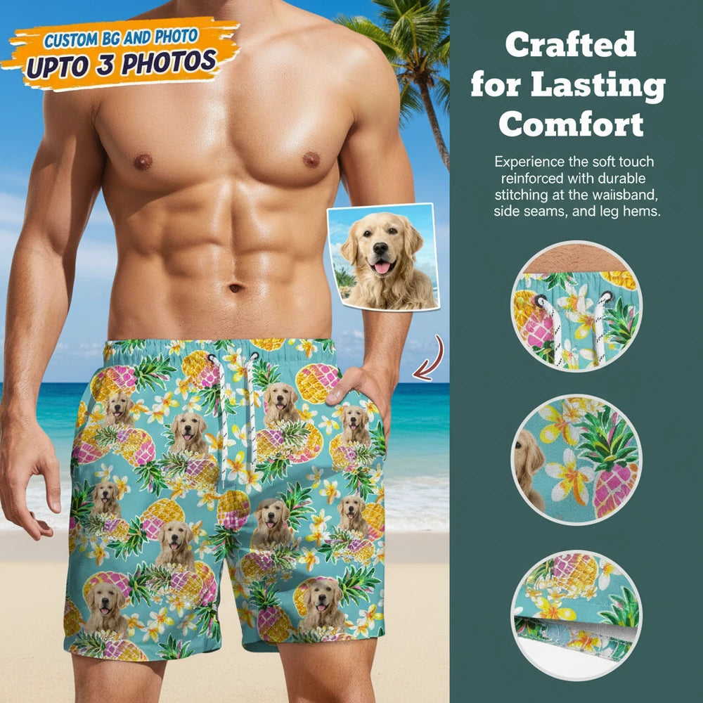 Custom Photo Upload Beach Shorts with Pineapples & Tropical Flowers close-up detail