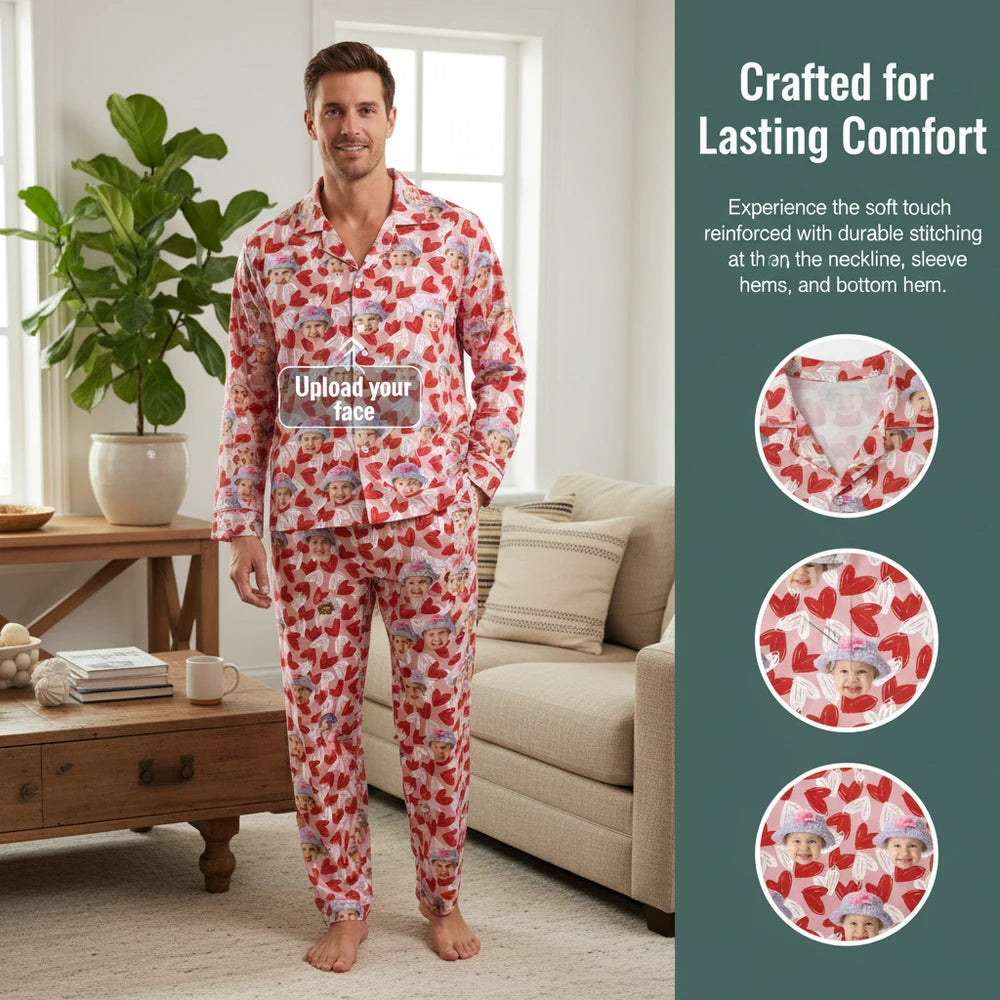 Custom Photo Upload Pajamas with Hearts Pattern close-up detail