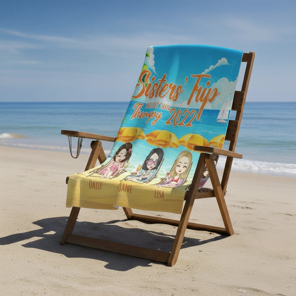Custom Personalized Beach Towel with Tropical Beach Scene & Characters close-up detail