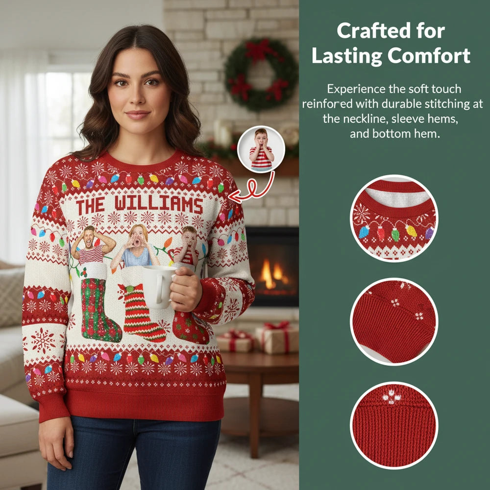 Custom Photo Upload Sweater with Christmas Stockings & Snowflakes close-up detail