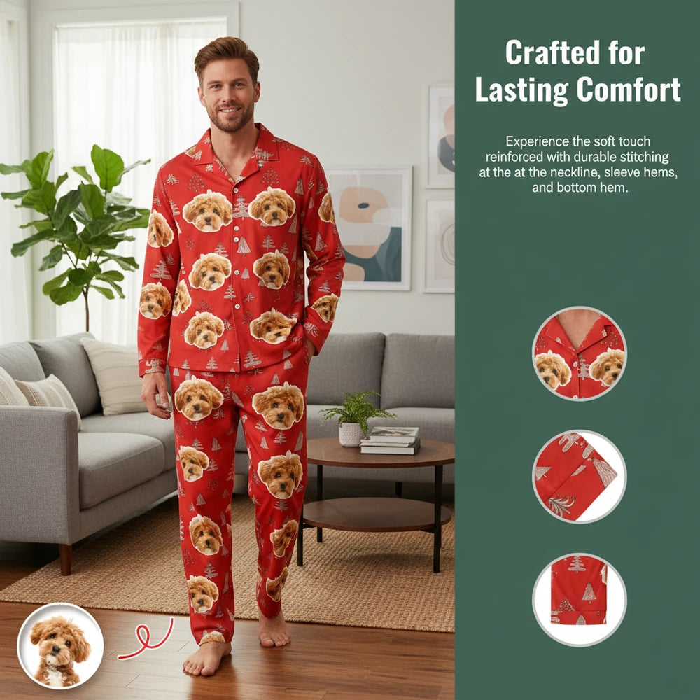 Custom Photo Upload Pajamas with Christmas Trees & Dog Face Print close-up detail