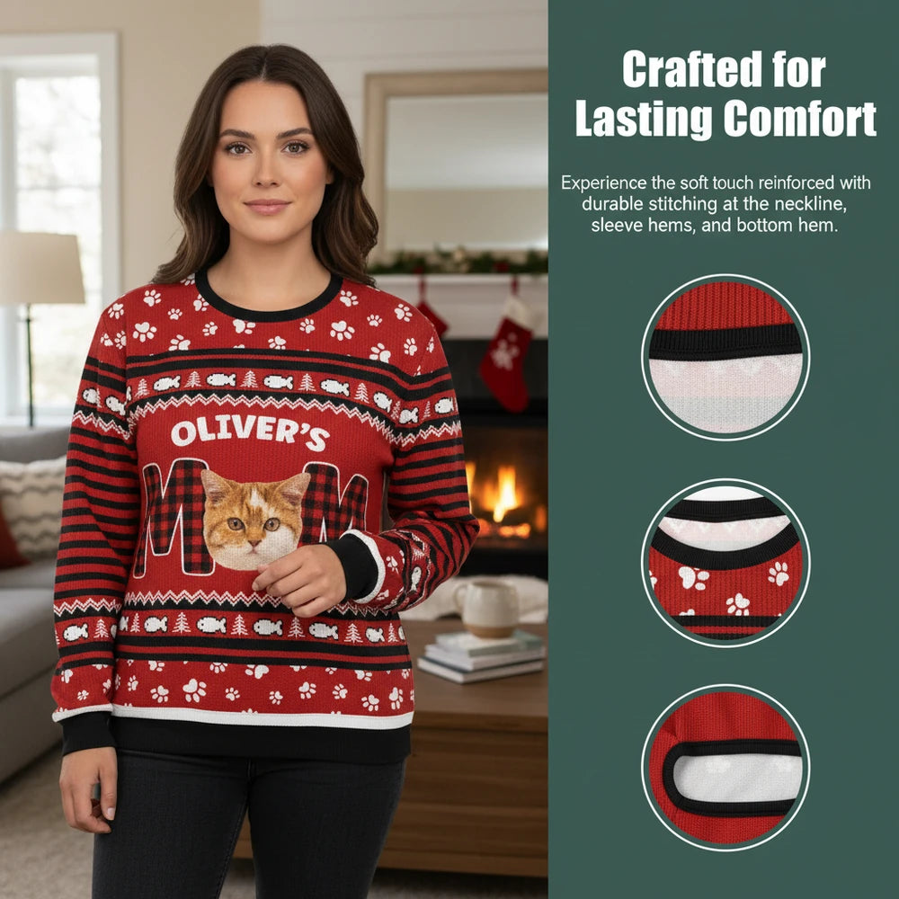 Custom Photo Upload Sweater with Cat Mom and Buffalo Plaid Pattern close-up detail