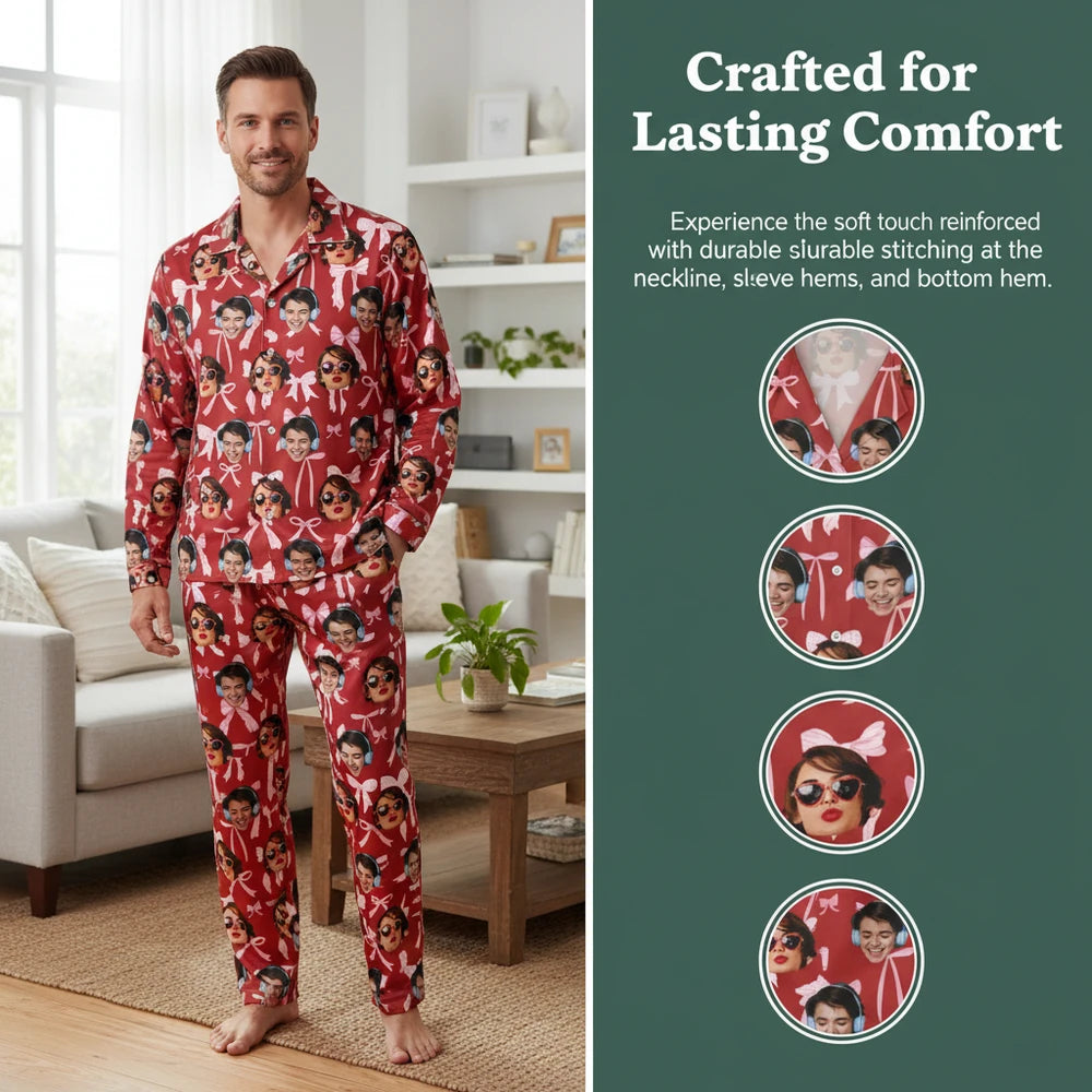 Custom Photo Upload Pajamas with Pink Bows on Red Background close-up detail