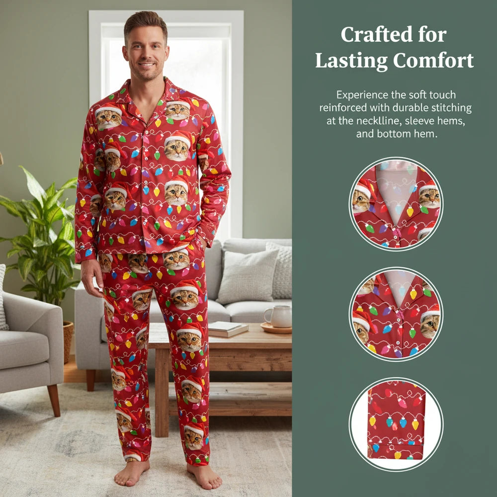 Custom Photo Upload Pajamas with Christmas Cats & Colorful Lights close-up detail