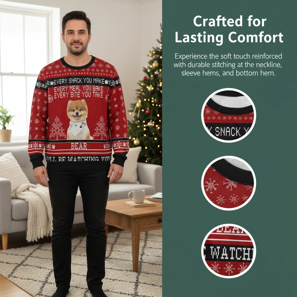 Custom Photo Upload Pomeranian Christmas Sweater with Holiday Text close-up detail