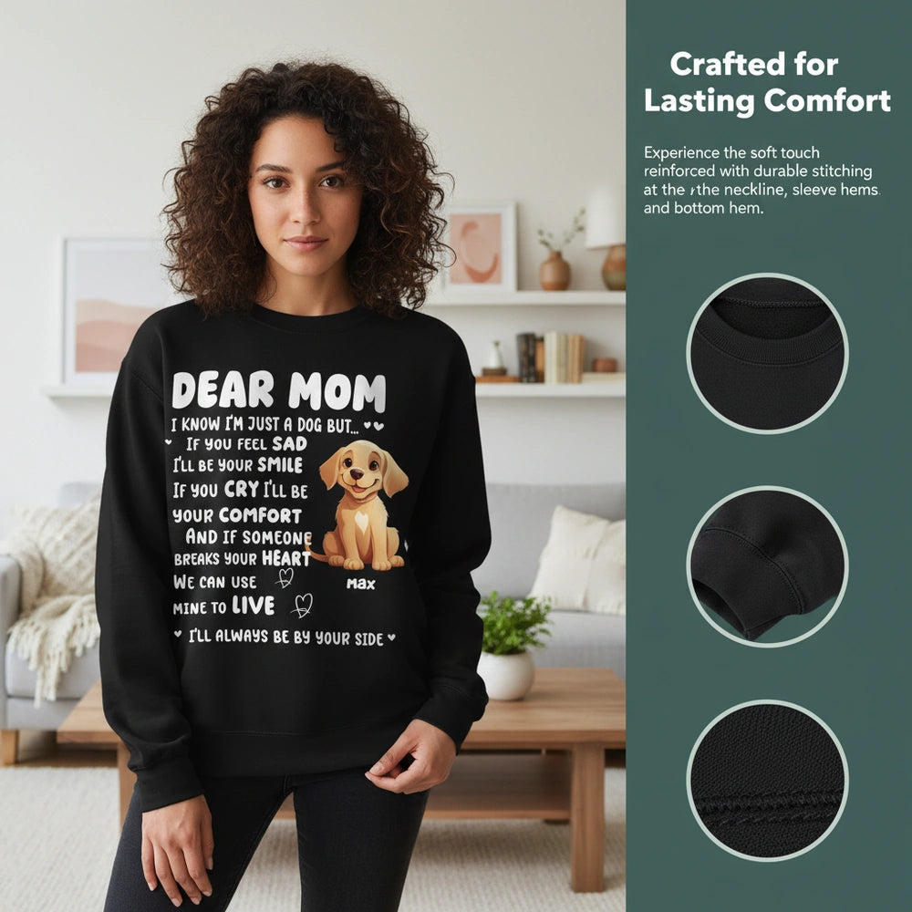Custom Personalized Hoodie with Dear Mom Dog Message close-up detail