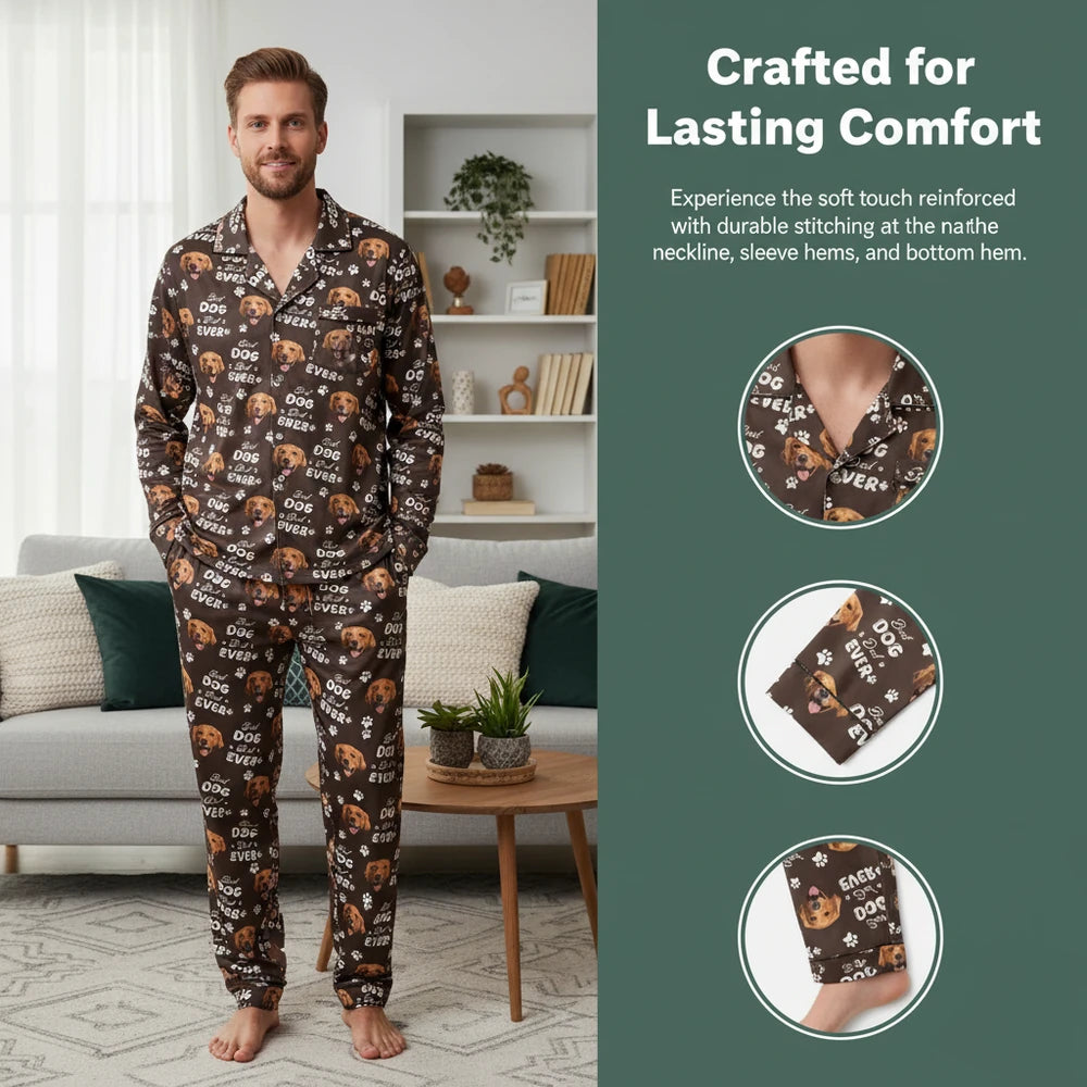 Custom Photo Upload Pajamas with Best Dog Dad Ever & Paw Prints close-up detail
