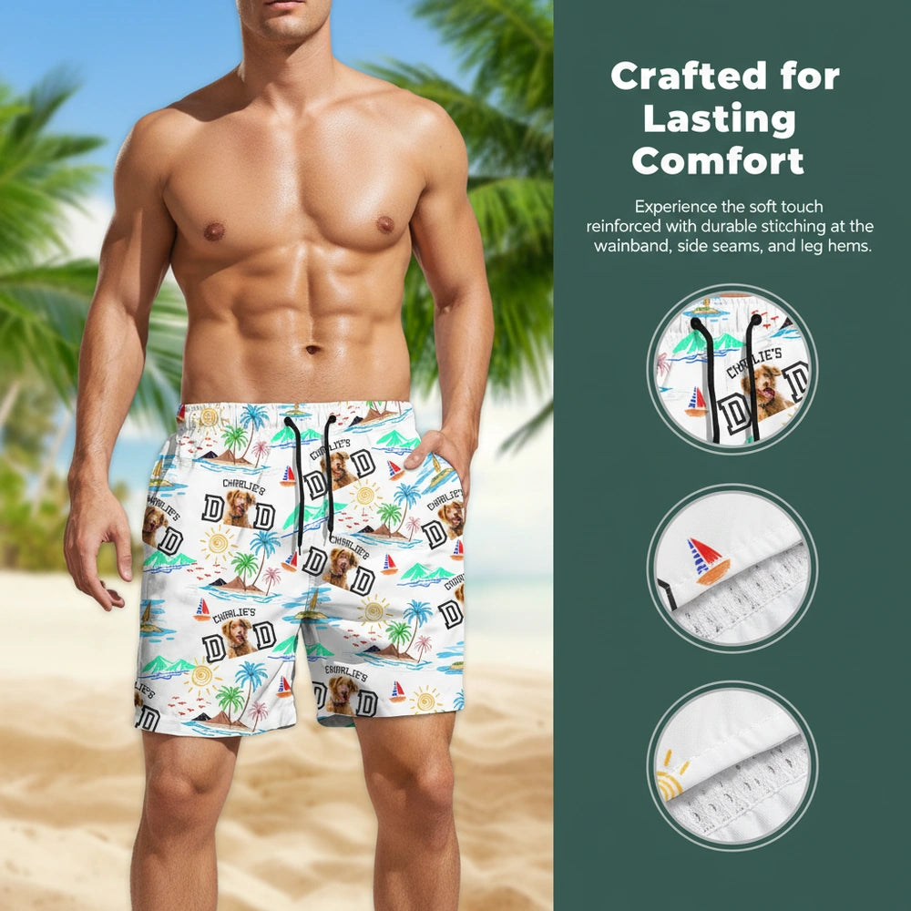 Custom Photo Upload Beach Shorts with Tropical Beach Scene close-up detail