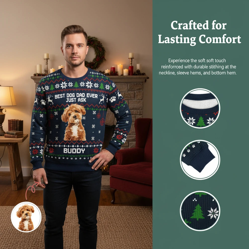 Custom Photo Upload Best Dog Dad Ever Ugly Christmas Sweater close-up detail