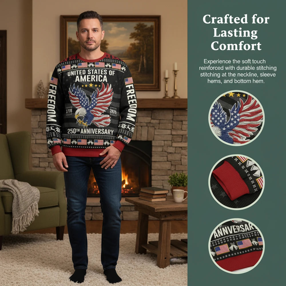 Custom Personalized Sweater with American Eagle and Freedom Text close-up detail