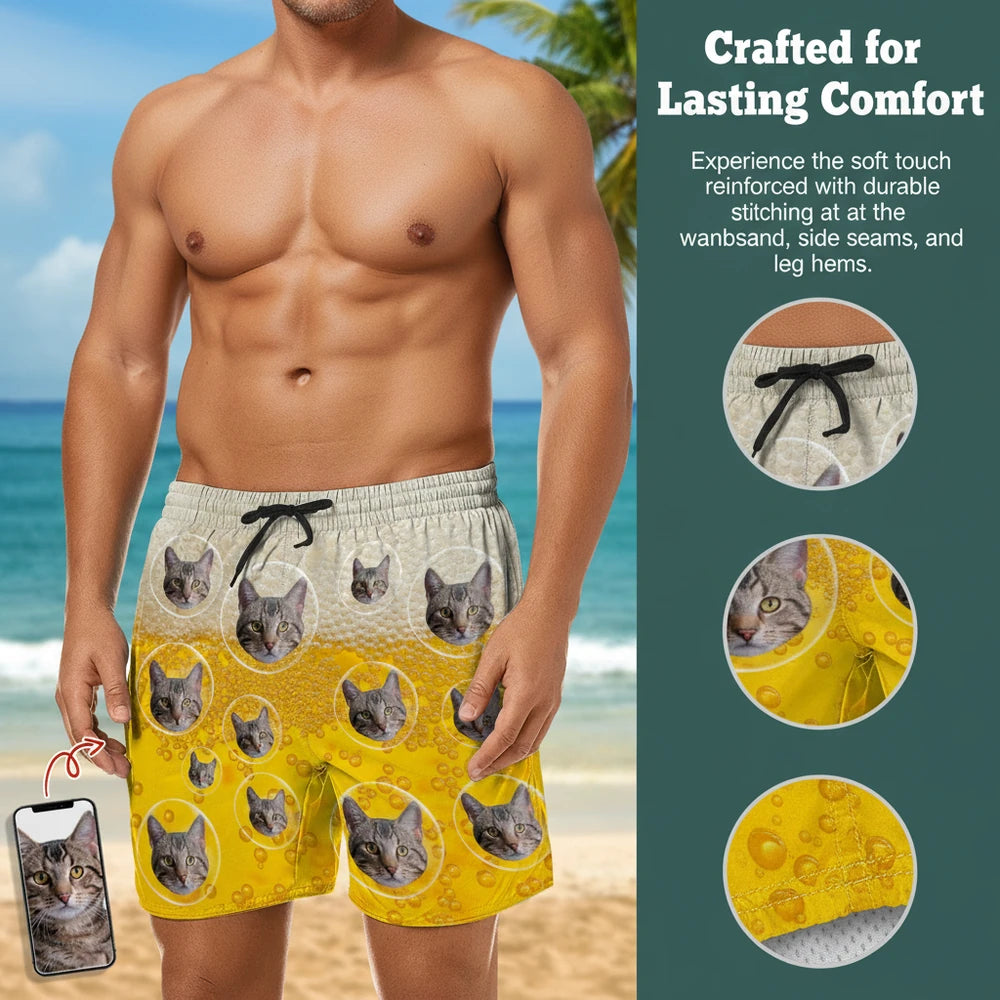 Custom Photo Upload Beach Shorts with Beer Bubble Design close-up detail
