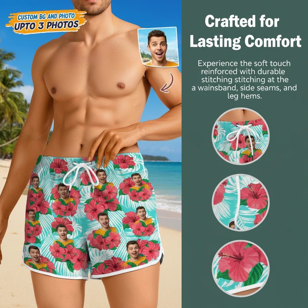 Custom Photo Upload Beach Shorts with Tropical Hibiscus Flowers close-up detail
