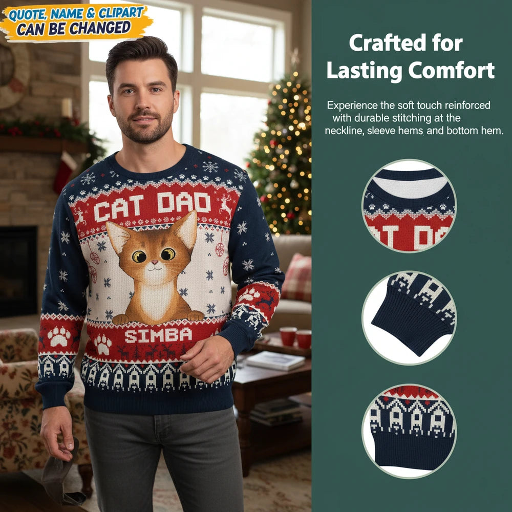 Custom Personalized Cat Dad Ugly Christmas Sweater with Photo Upload close-up detail