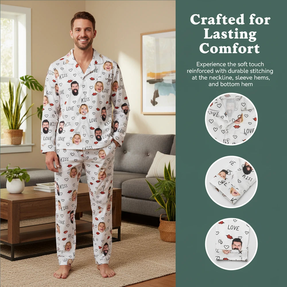 Custom Photo Upload Pajamas with Love Kiss Hearts and Lips Pattern close-up detail
