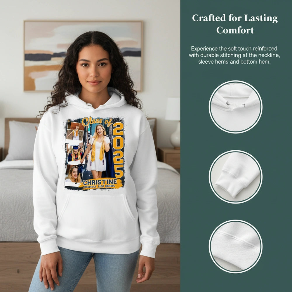 Custom Photo Upload Hoodie with Class of 2025 Graduation Design close-up detail
