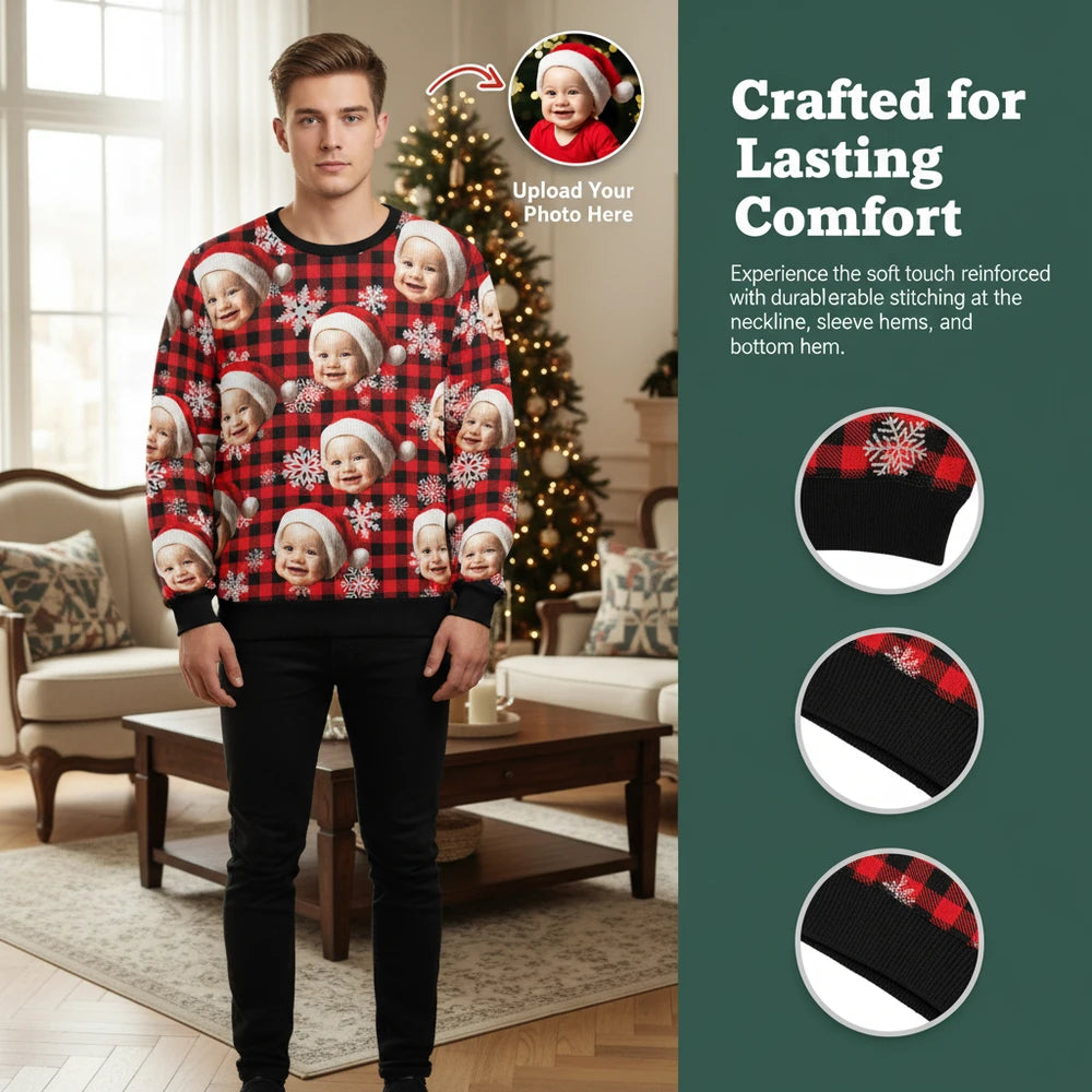 Custom Photo Upload Sweater with Buffalo Plaid and Snowflakes close-up detail