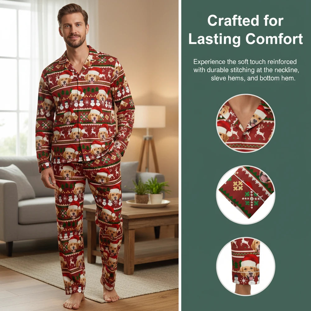 Custom Photo Upload Pajamas with Golden Retriever Holiday Pattern close-up detail