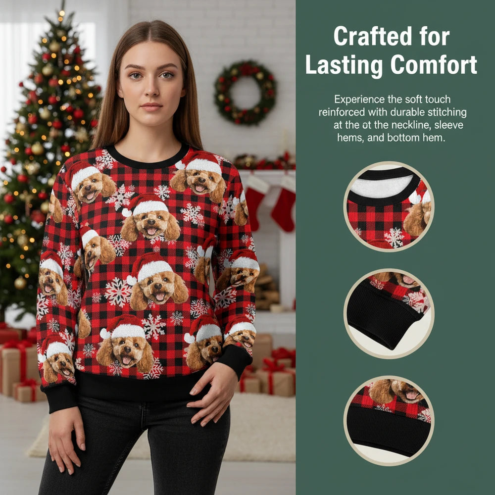 Custom Photo Upload Sweater with Buffalo Plaid and Snowflakes close-up detail