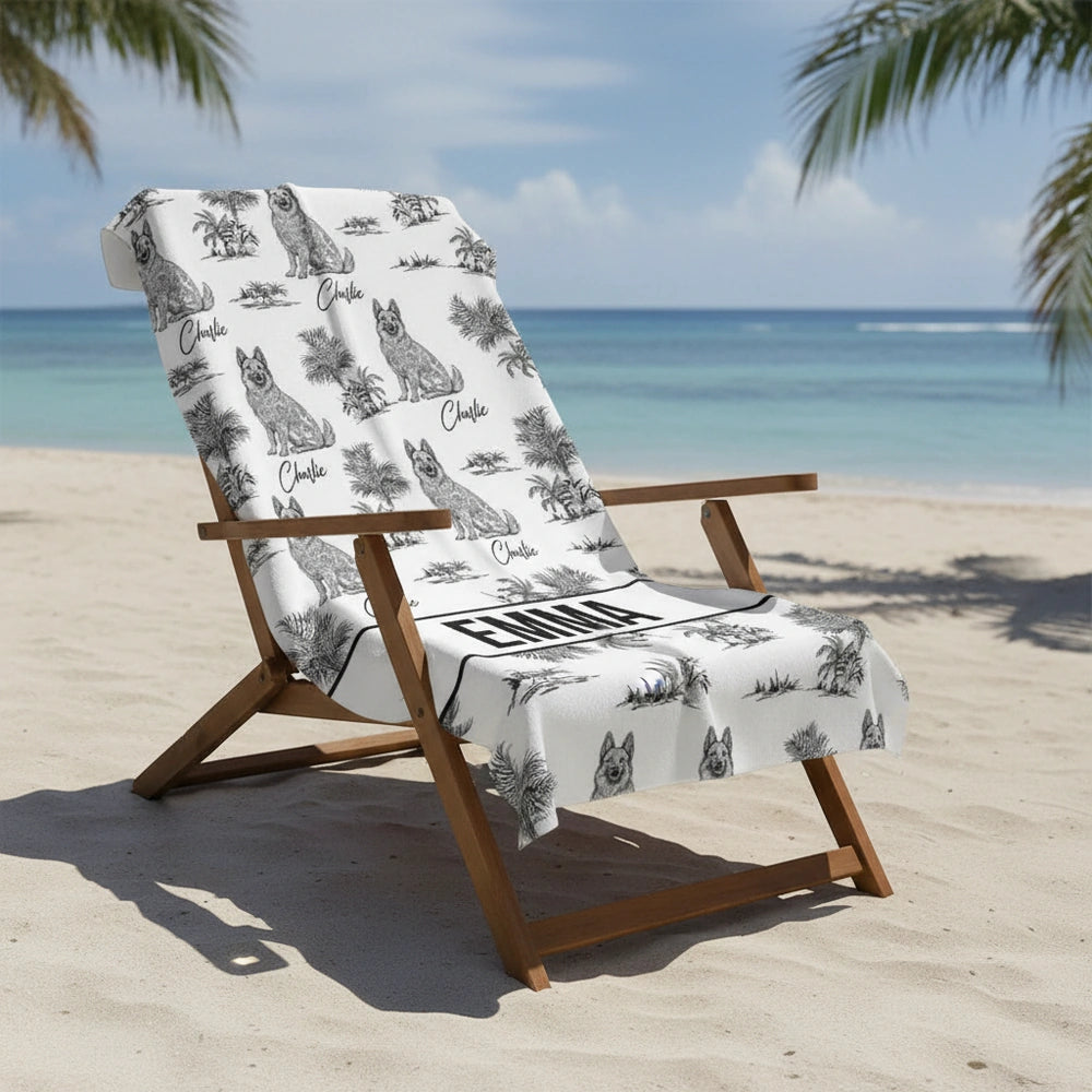 Custom Personalized Beach Towel with German Shepherd & Palm Trees close-up detail