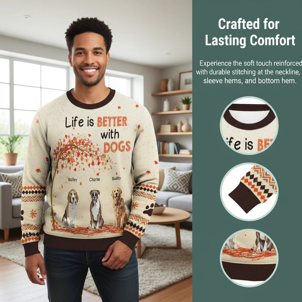 Custom Personalized Sweater with Life is Better with Dogs & Autumn Tree close-up detail