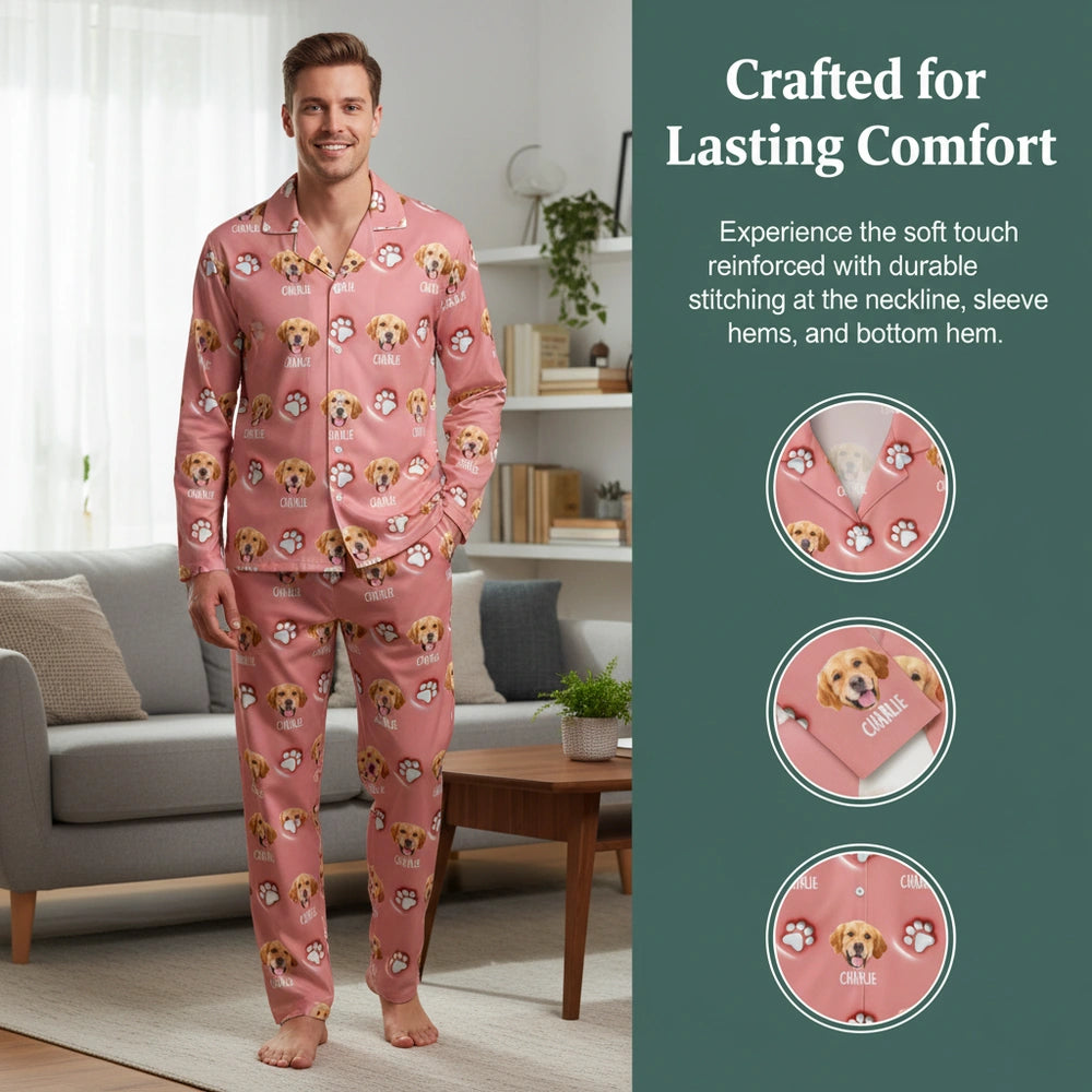 Custom Photo Upload Pajamas with Dog Face and Paw Print Pattern close-up detail