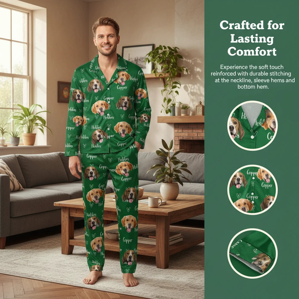 Custom Photo Upload Dog Face Pajamas with Hearts on Green close-up detail