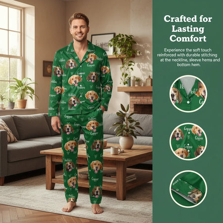 Custom Photo Upload Dog Face Pajamas with Hearts on Green close-up detail