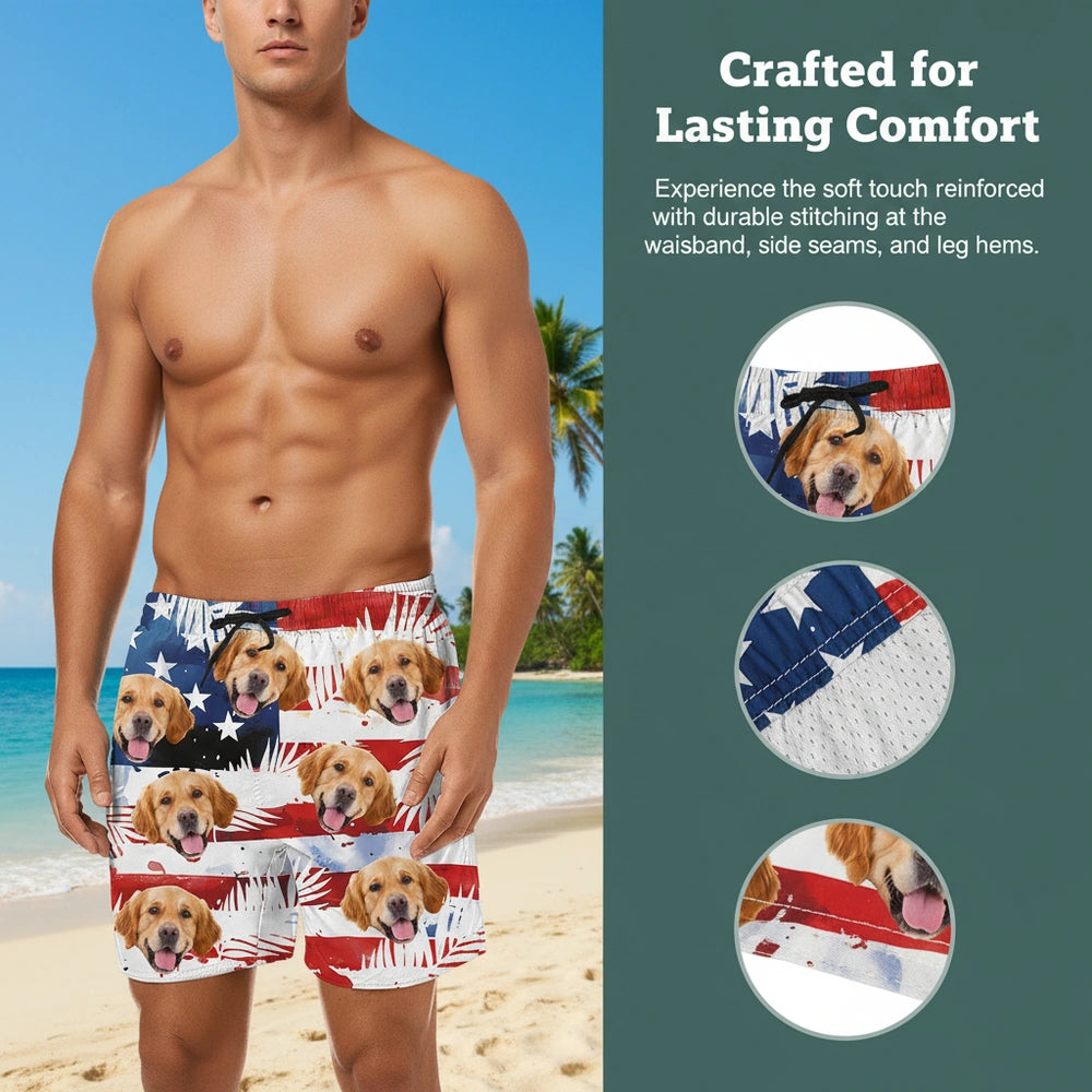 Custom Photo Upload Beach Shorts with American Flag close-up detail