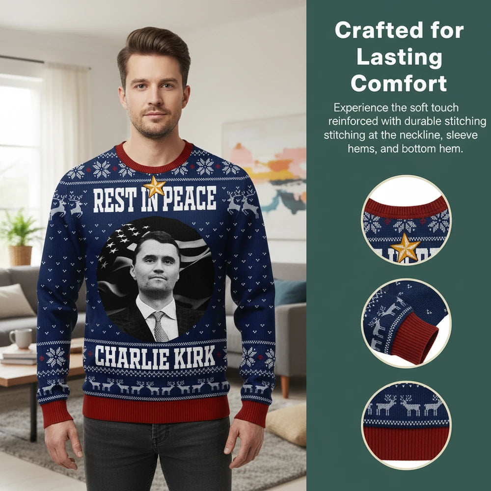 Custom Photo Sweater with American Flag Map & Snowflakes close-up detail