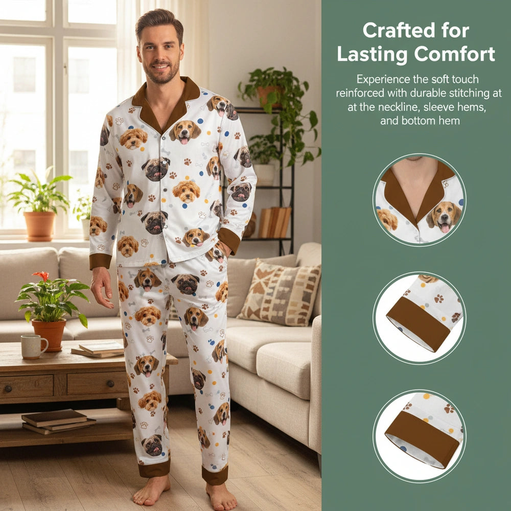 Custom Photo Upload Pajamas with Dog Faces & Paw Prints close-up detail