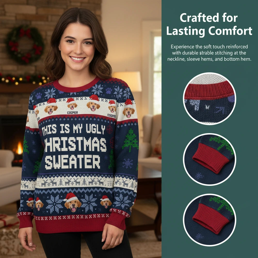 Custom Photo Upload This Is My Ugly Christmas Sweater with Dogs close-up detail