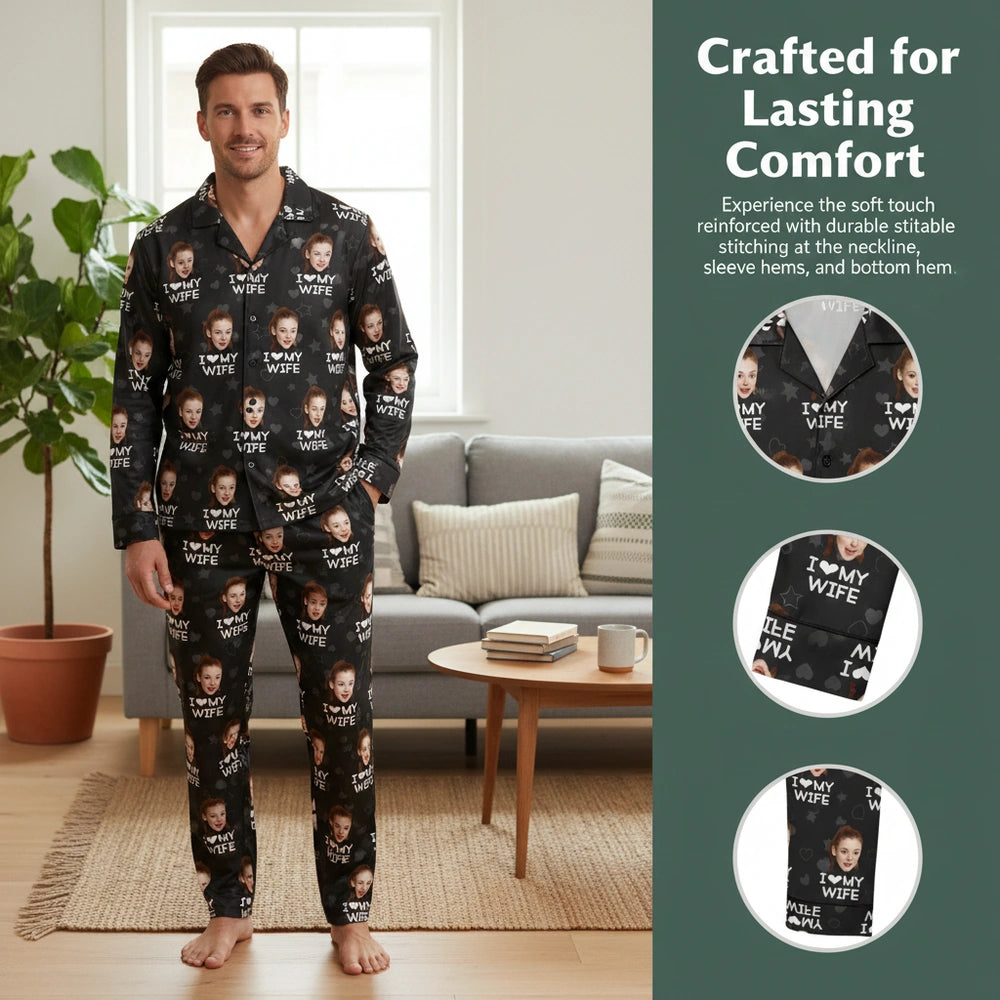 Custom Photo Upload I Love My Wife Pajamas with Hearts and Stars close-up detail