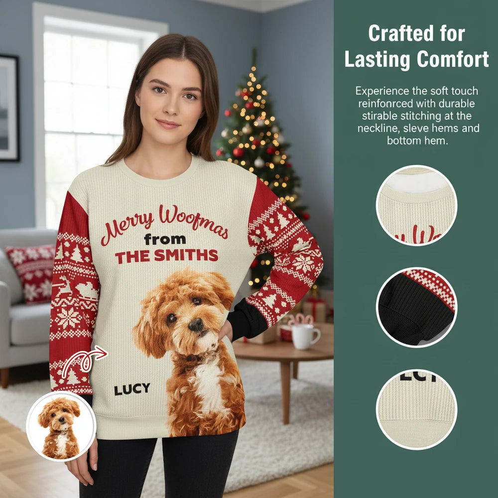 Custom Photo Upload Merry Woofmas Sweater with Fair Isle Sleeves close-up detail