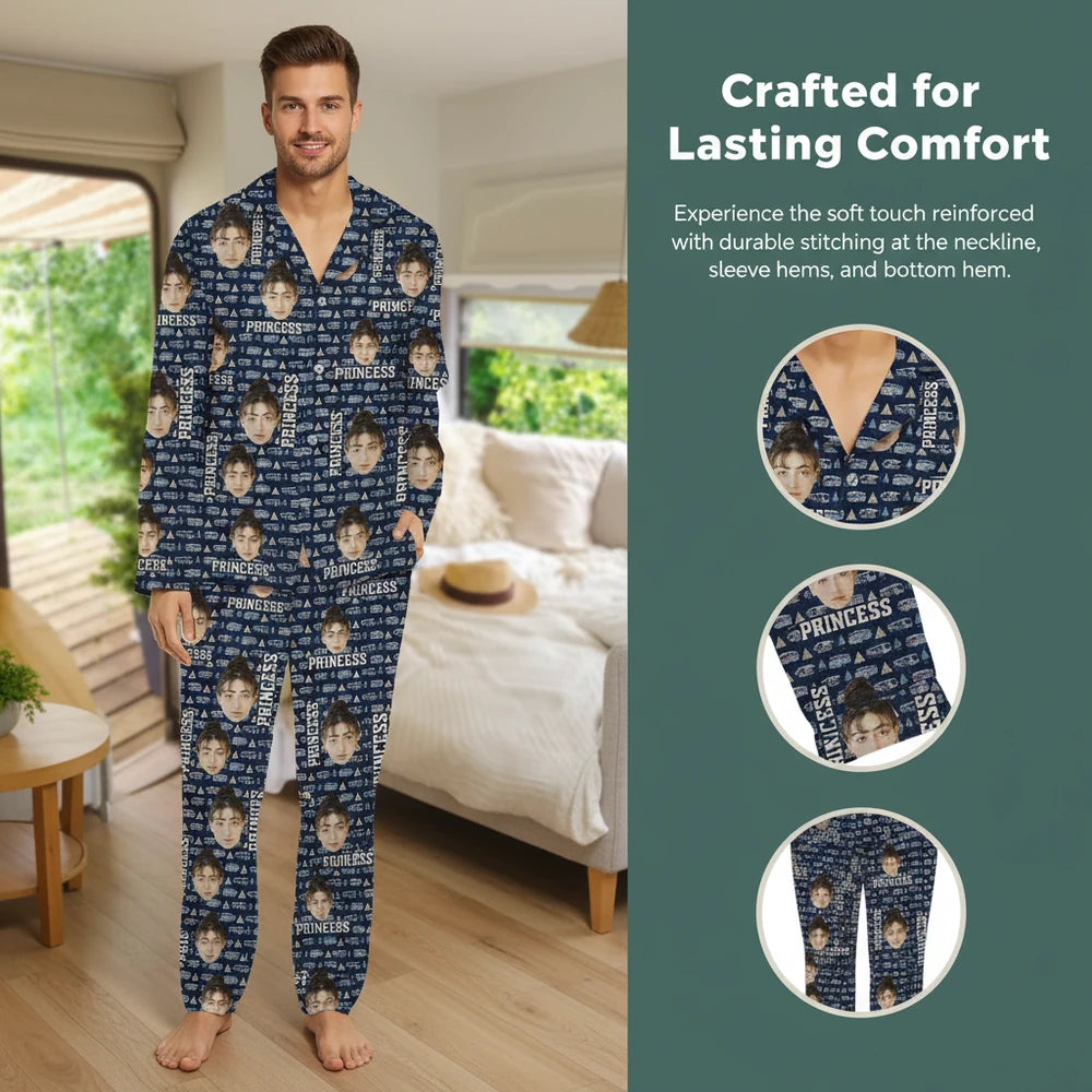 Custom Photo Upload Pajamas with Princess Text and Crown Pattern close-up detail