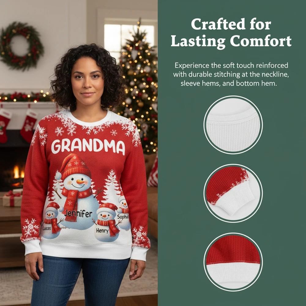 Custom Personalized Sweater with Snowman Family & Snowflakes close-up detail