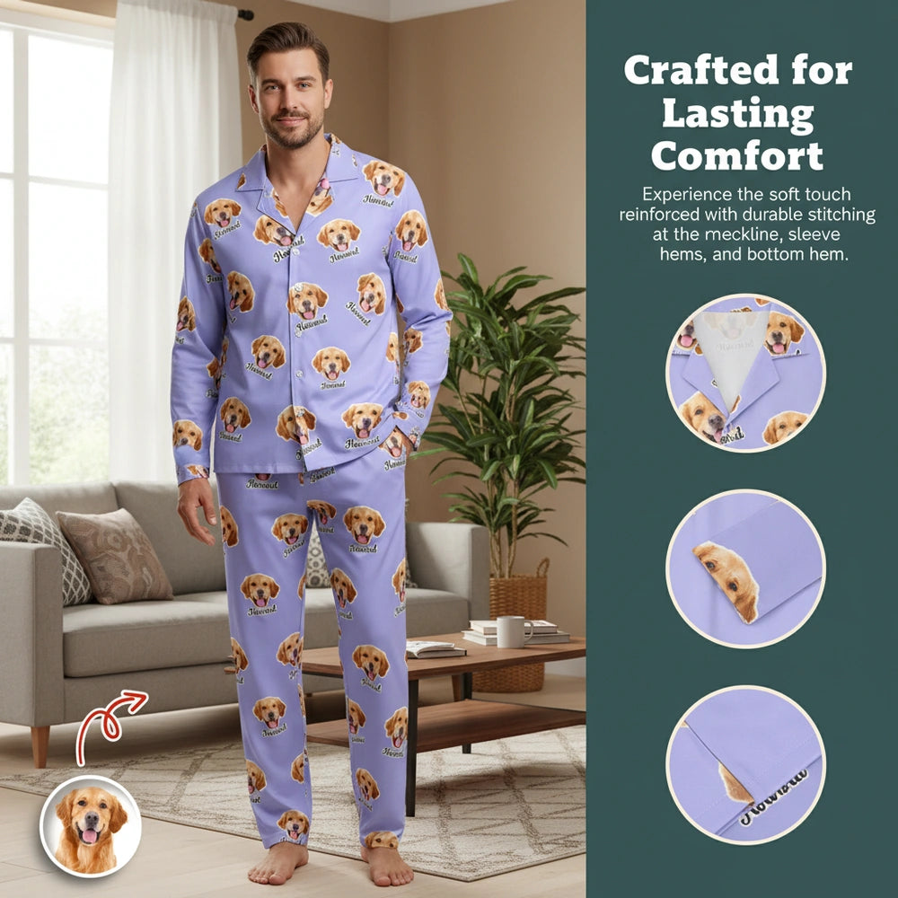 Custom Photo Upload Dog Face Pajamas with Personalized Name close-up detail