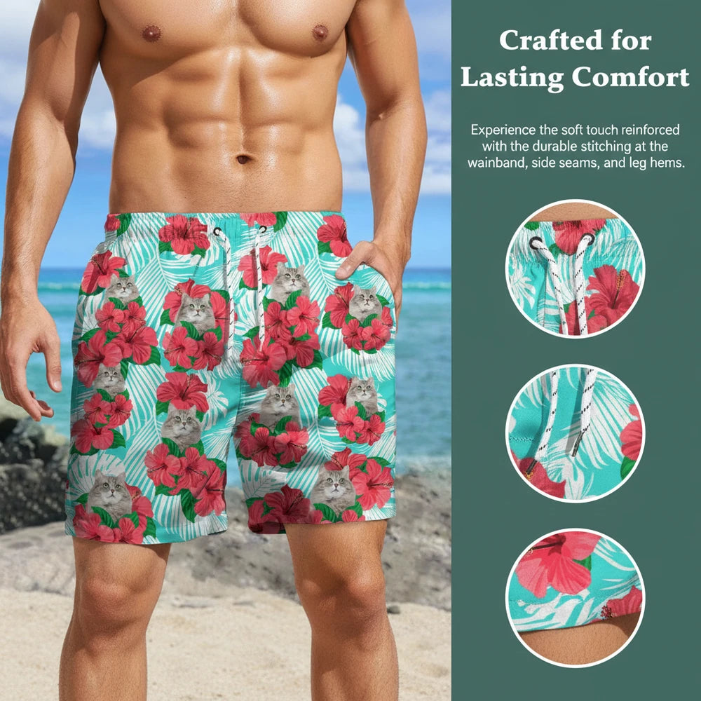 Custom Photo Upload Beach Shorts with Hibiscus Flowers & Cats close-up detail