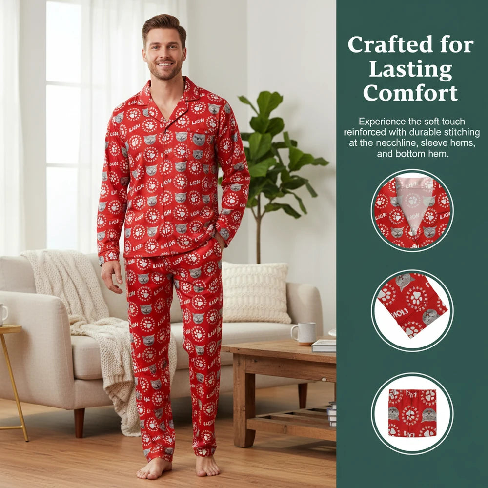 Custom Photo Upload Pajamas with Cat Face & Paw Print Pattern close-up detail