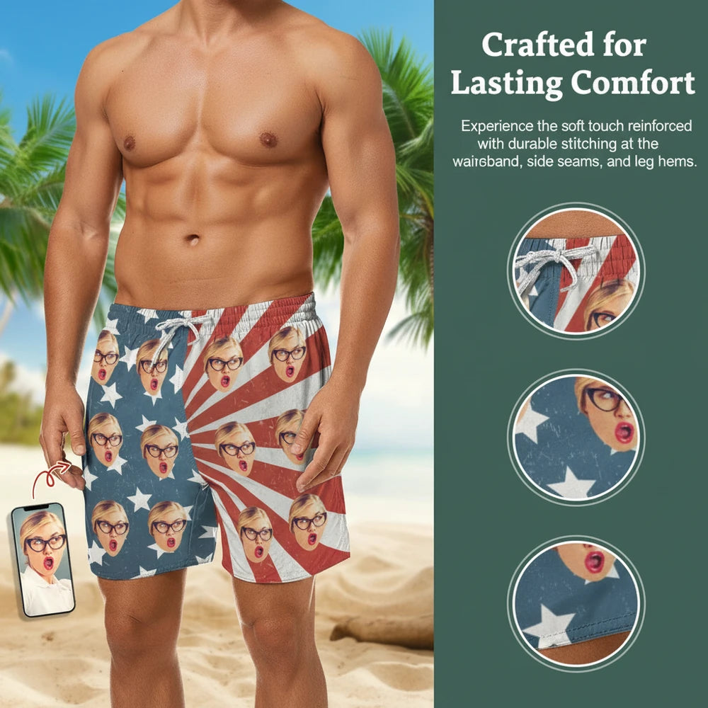 Custom Photo Upload Beach Shorts with American Flag Design close-up detail