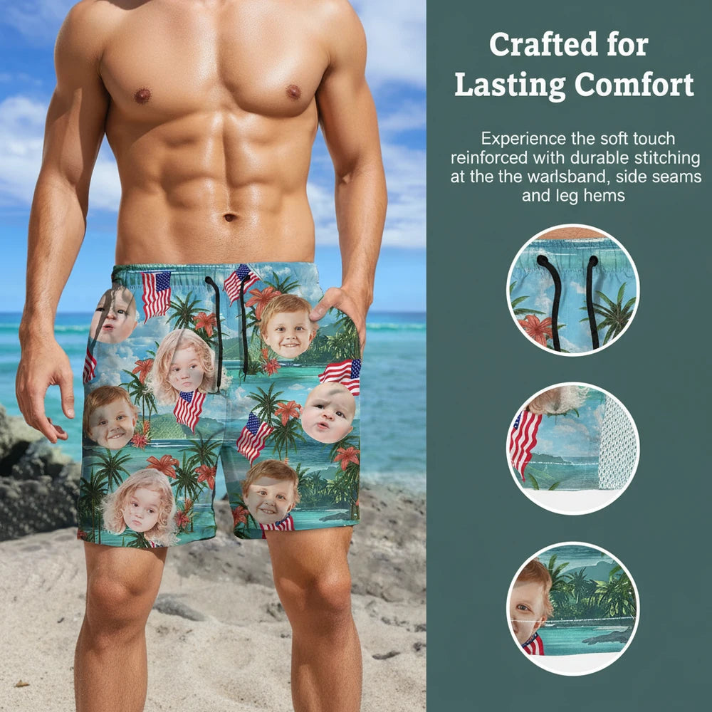 Custom Photo Upload Beach Shorts with Palm Trees & American Flags close-up detail