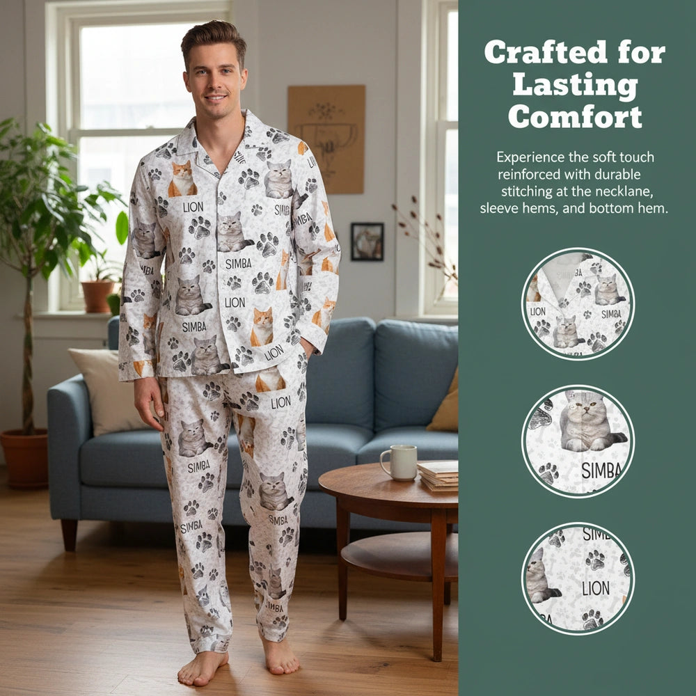 Custom Photo Upload Pajamas with Cat Photos & Paw Prints close-up detail